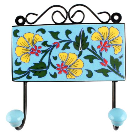 Turquoise Flower Ceramic Tile Hook